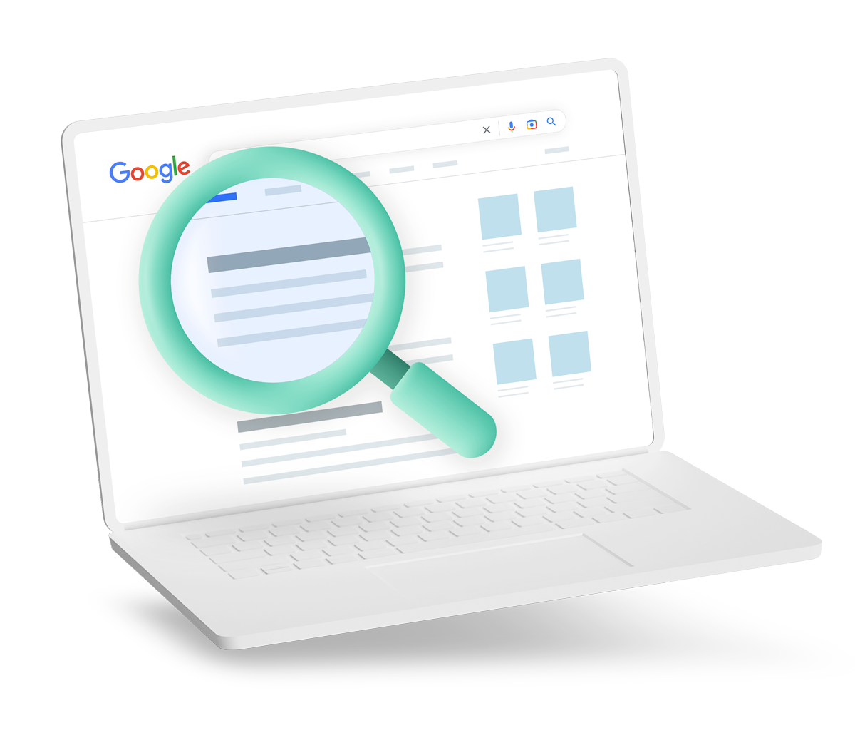 SEO-Analyse und SEA-Analyse: Laptop mit Lupe auf dem Bildschirm