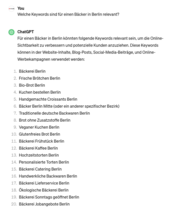 Chat GPT als Hilfe für Keyword Recherche für Bäcker Berlin