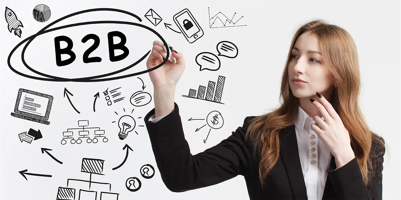 Frau zeigt auf ein B2B-Diagramm mit den wichtigsten Elementen des Business-to-Business-Marktes, einschließlich Content Marketing.