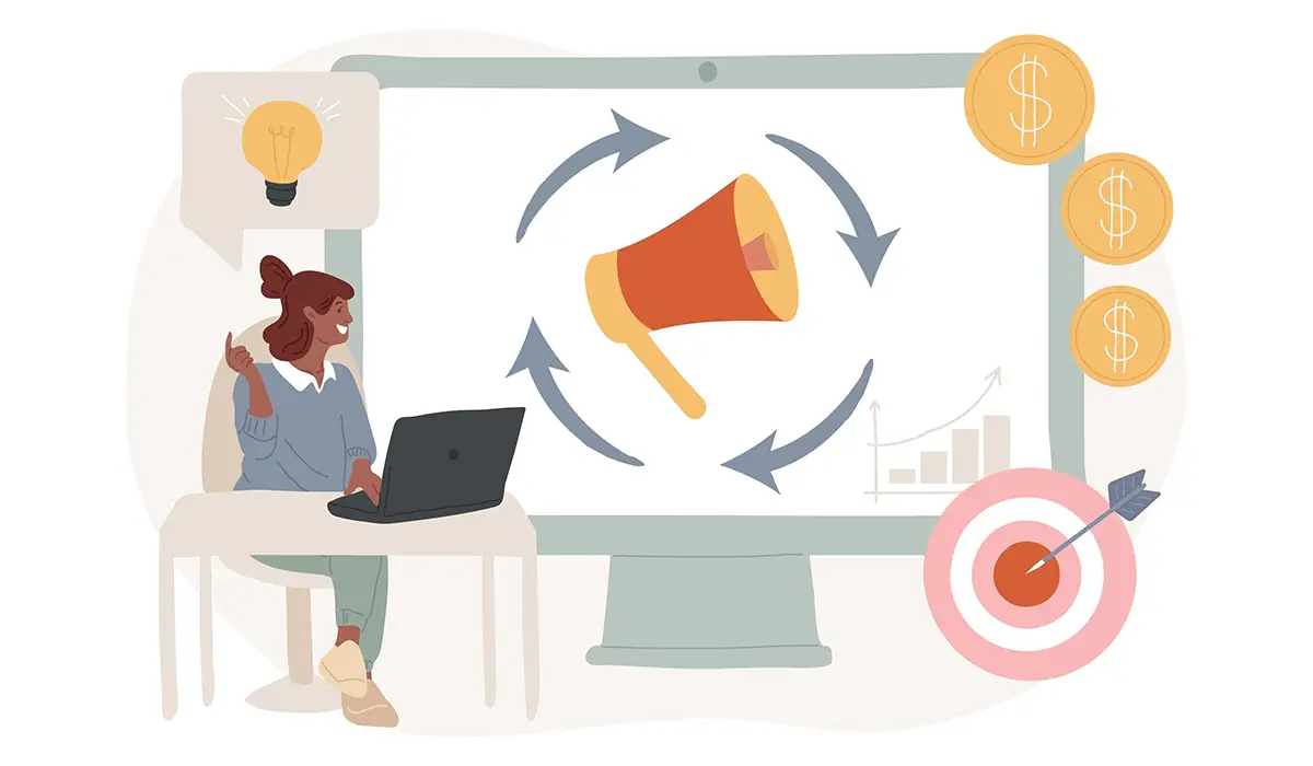 Eine Frau sitzt an einem Schreibtisch und arbeitet an einem Laptop. Vor ihr ist ein großer Bildschirm mit einem Megafon-Symbol und Kreispfeilen zu sehen, das den Prozess der Online-Marketingstrategie darstellt. Rechts im Bild sind Geldsymbole, ein Diagramm und eine Zielscheibe mit einem Pfeil dargestellt.