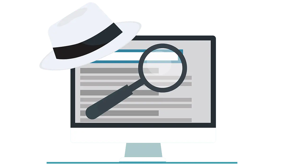 Eine Illustration zeigt einen Computerbildschirm mit einem vergrößerten Textdokument, darüber schwebt eine Lupe und ein weißer Hut mit schwarzem Band.
