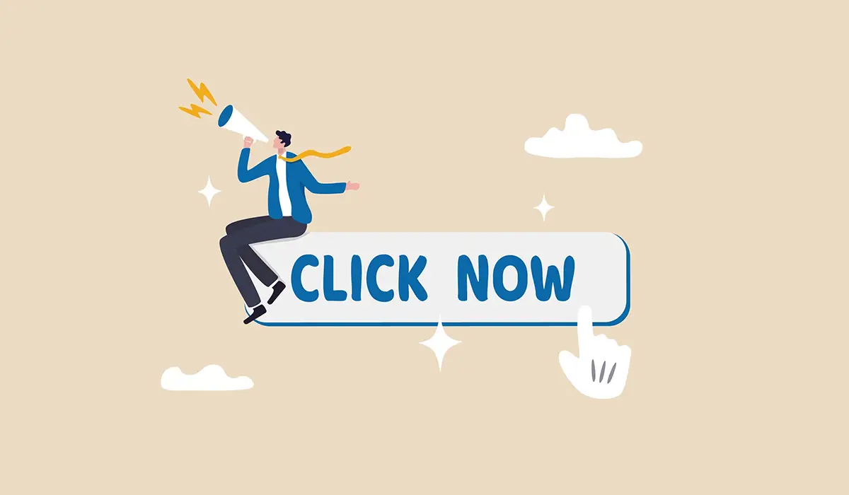Illustration eines Mannes mit einem Megafon, der auf einer Schaltfläche mit der Aufschrift Click Now sitzt, mit einer Hand, die auf die Schaltfläche zeigt