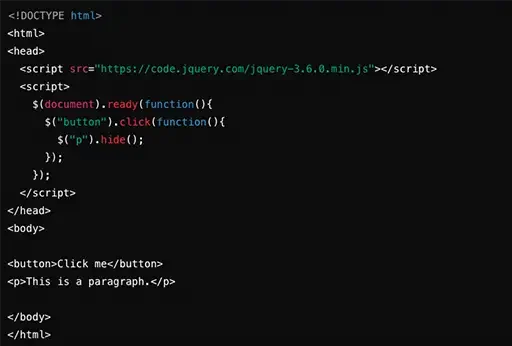 HTML- und jQuery-Code-Beispiel auf schwarzem Hintergrund mit einem Button und einem Paragraphen