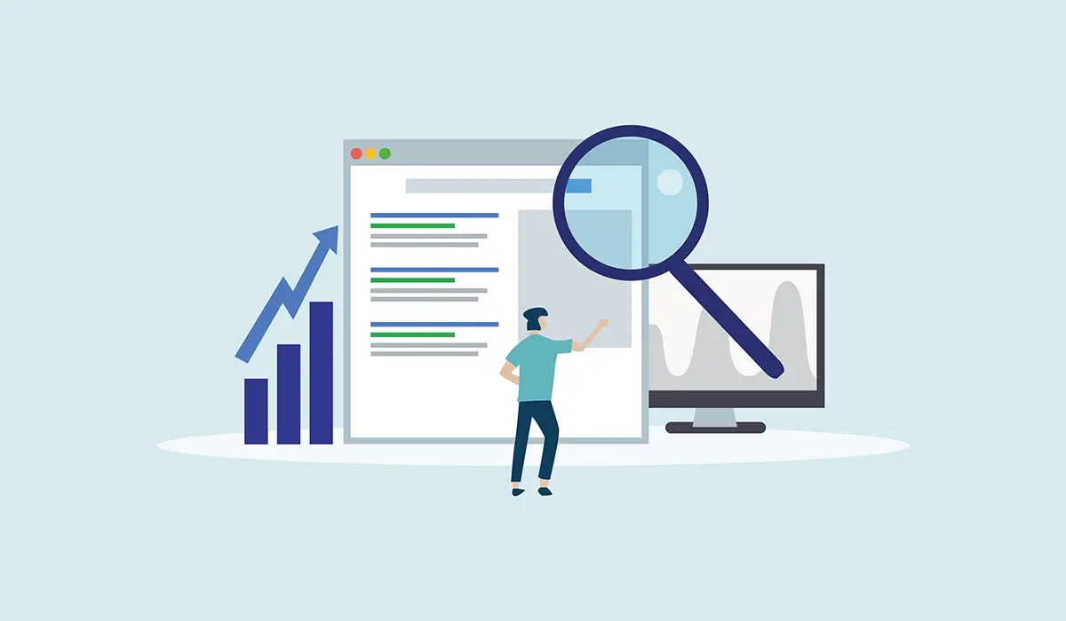 Illustration eines Mannes vor einer Suchergebnisseite mit einer Lupe und Grafiken im Hintergrund.
