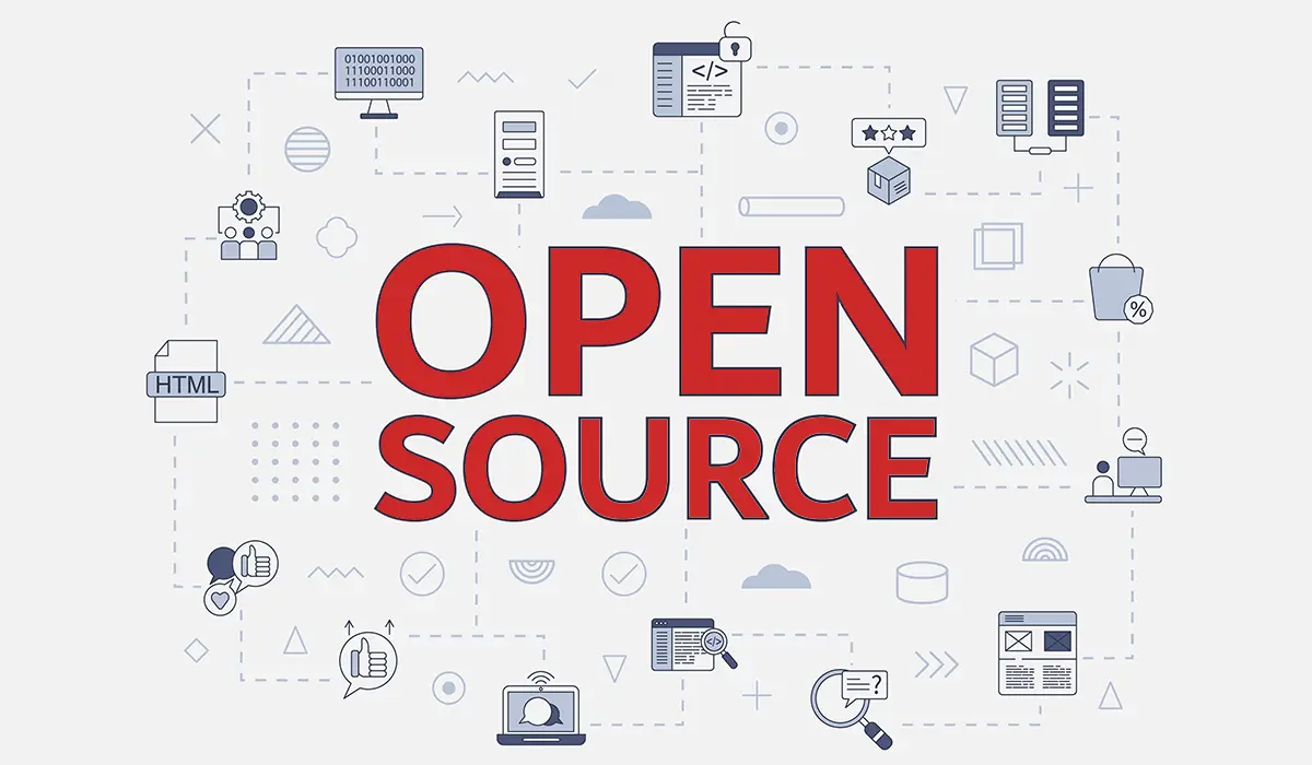 Illustration mit dem Schriftzug "OPEN SOURCE" in großen, roten Buchstaben, umgeben von verschiedenen Symbolen, die Technologien und Programmierung darstellen, wie Code, Server, HTML-Dateien, und Benutzeroberflächen.