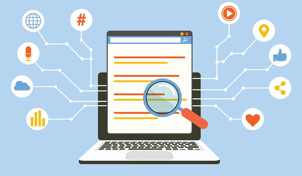 Illustration eines Laptops mit einer Suchergebnisseite und einer Lupe, umgeben von Symbolen für soziale Medien, SEO und Analysen