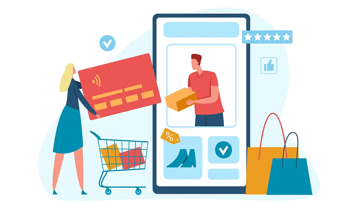 Frau mit Einkaufswagen und Kreditkarte vor einem Smartphone, auf dem ein Mann ein Paket hält, mit Einkaufstaschen im Hintergrund