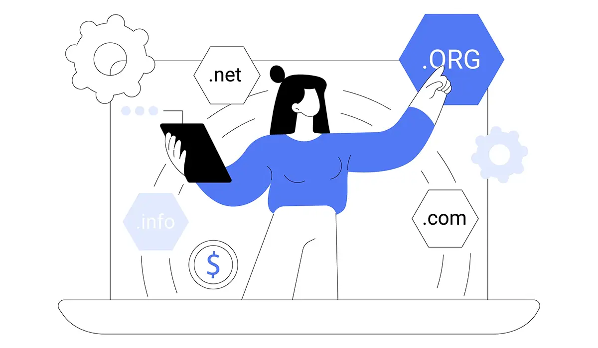 Illustration einer Frau, die verschiedene Domainendungen wie .org, .com, .net und .info auswählt