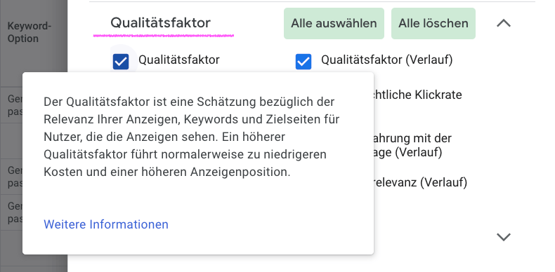 QualitÀtsfaktor im Google Ads Interface