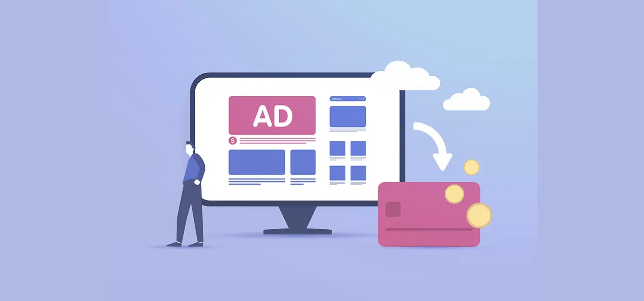 Ein Mensch steht neben einem Bildschirm, auf dem eine Anzeige mit der Aufschrift „AD“ und mehreren Grafikelementen zu sehen ist, daneben eine Kreditkarte mit fallenden Münzen. Weißt auf Ziel-CPA hin.