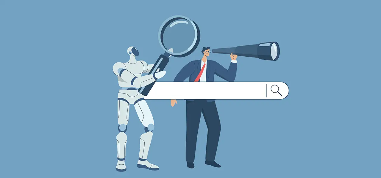 Ein Roboter und ein Mann suchen gemeinsam, der Roboter hält eine Lupe und der Mann benutzt ein Fernrohr über einer großen Suchleiste von DuckDuckGo.