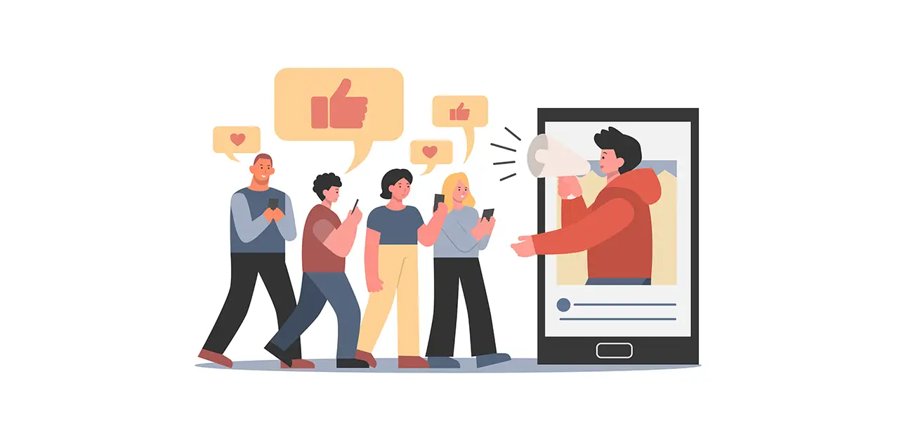 Illustration einer Gruppe von vier Personen, die auf ihre Smartphones schauen und eine Person auf einem riesigen Smartphone-Bildschirm betrachten, die mit einem Megafon spricht. Um die Gruppe herum sind Sprechblasen mit „Daumen hoch“- und „Herz“-Symbolen zu sehen, die soziale Interaktionen darstellen. Es geht um Storytelling Social Media.