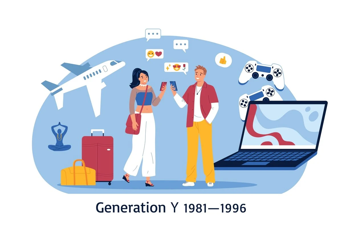 Y Generation; Generation Y; Millenials; Illustration zweier Personen aus der Generation Y, die sich unterhalten, umgeben von Symbolen wie einem Flugzeug, Koffer, einem Laptop und Spielkonsolen-Controllern.